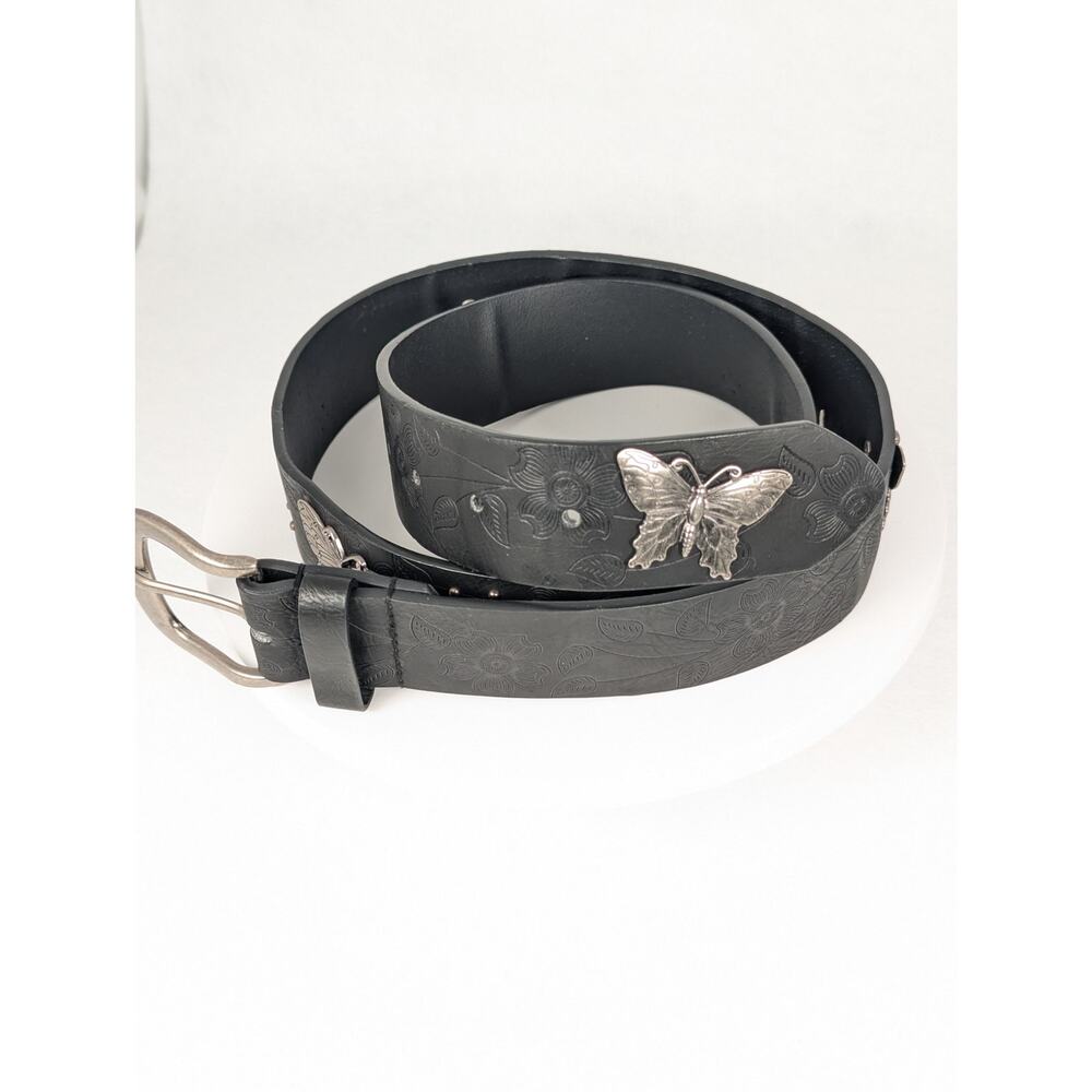 No Boundaries Black Embossed Floral Butterfly Belt Size Large Y2K silver tone - Picture 8 of 9